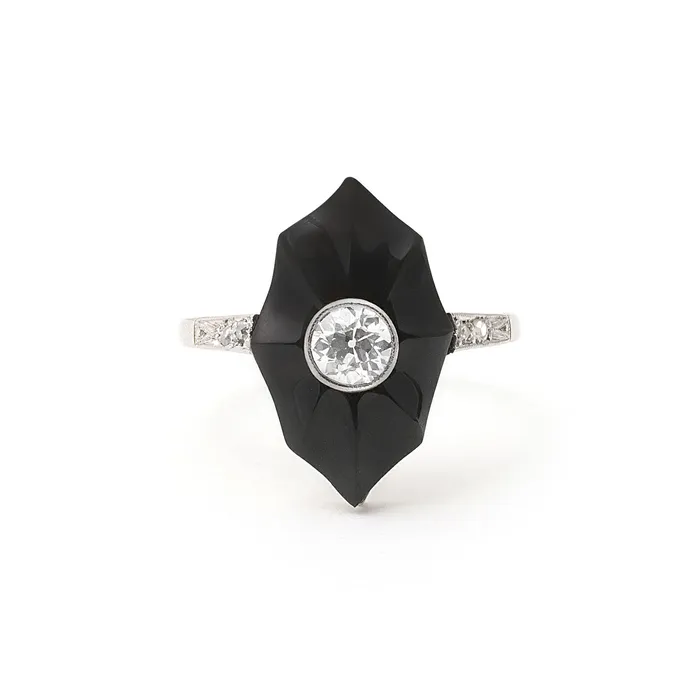 Rings Antique Art Deco Carved Onyx And Diamond 18k Gold Ring