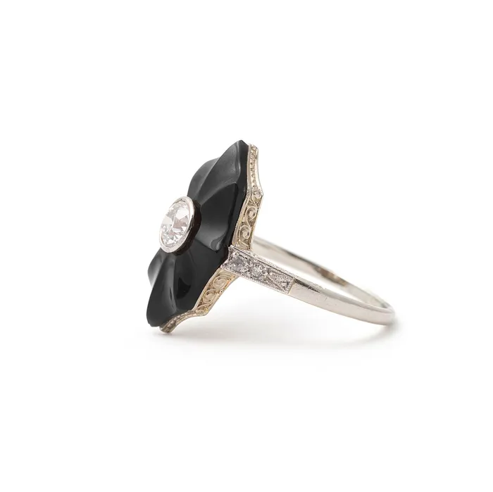 Rings Antique Art Deco Carved Onyx And Diamond 18k Gold Ring