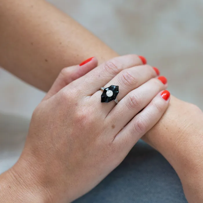 Rings Antique Art Deco Carved Onyx And Diamond 18k Gold Ring