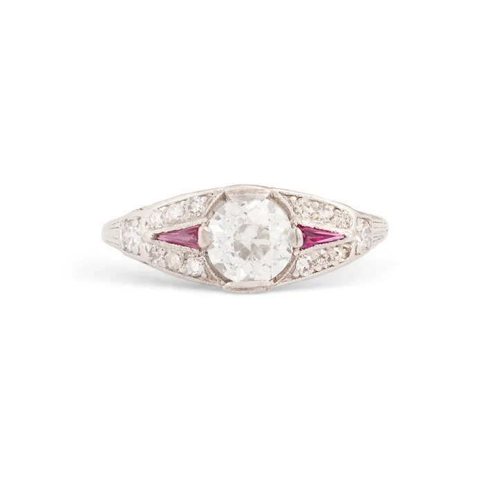 Rings Antique Art Deco Old European Cut Diamond Ruby and Platinum Ring