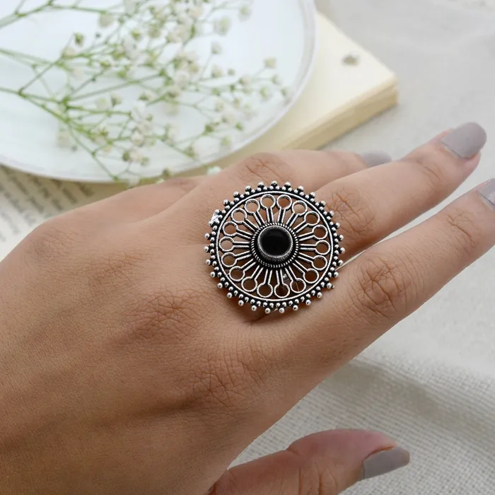 Rings Aruna Black Silver Oxidized Filigree Ring Teejh