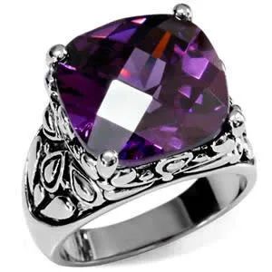 Rings CJ7701OS Wholesale Stainless Steel Ornate Amethyst Cushion Cut CZ Cocktail Ring Green Rings CJ7701OS Wholesale Stainless Steel Ornate Amethyst Cushion Cut CZ Cocktail Ring Green