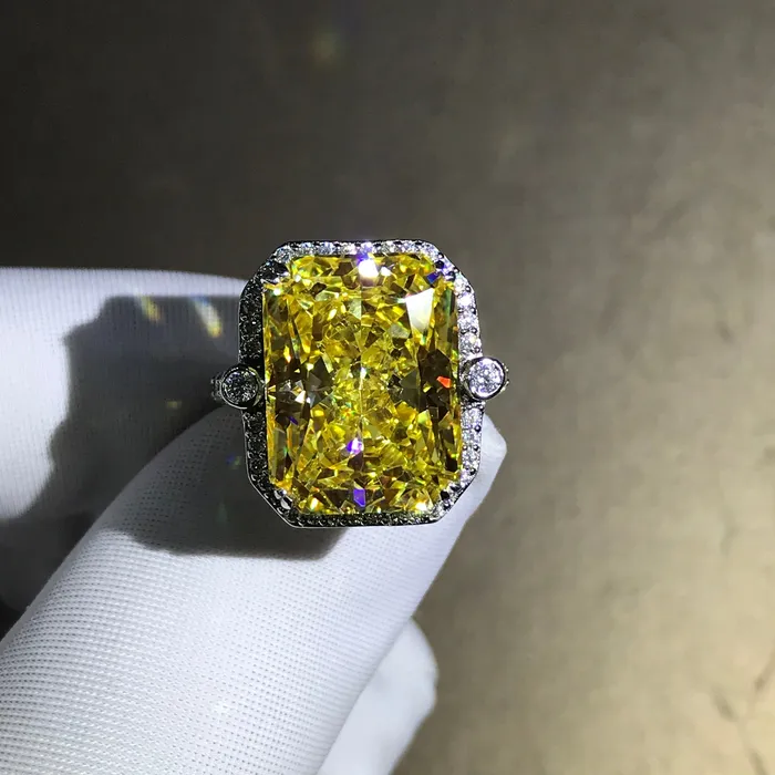 Rings Leyloon Jewelry 8 Carat Yellow Radiant Cut Moissanite Ring VVS Halo Basket Three Stone Rings Leyloon Jewelry 8 Carat Yellow Radiant Cut Moissanite Ring VVS Halo Basket Three Stone