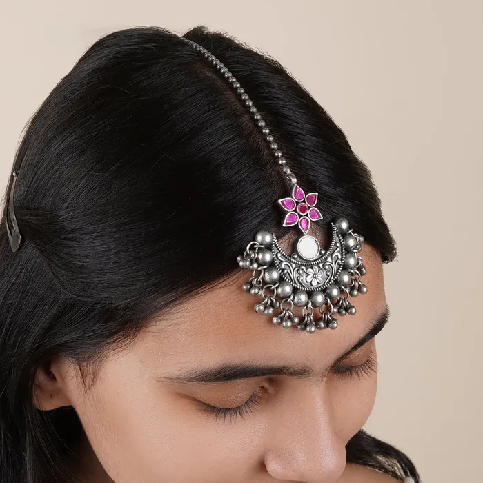 Rings Teejh Teejh Iditri Maroon Silver Oxidised Maang Tika