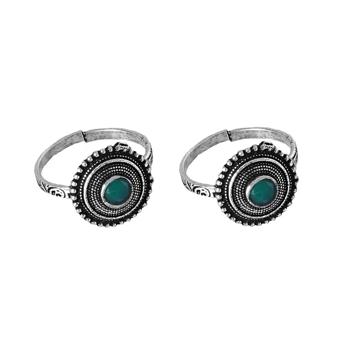 Rings Teejh Teejh Shaanvi Green Stone Silver Oxidised Toe Rings Rings Teejh Teejh Shaanvi Green Stone Silver Oxidised Toe Rings