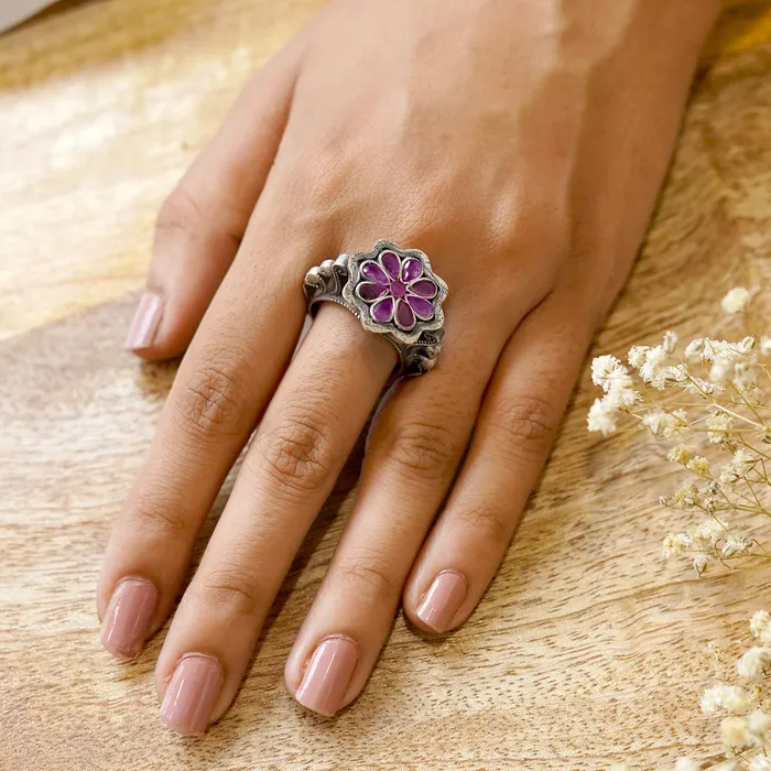 Rings Teejh Teejh Shaila Pink Stone Silver Oxidised Ring