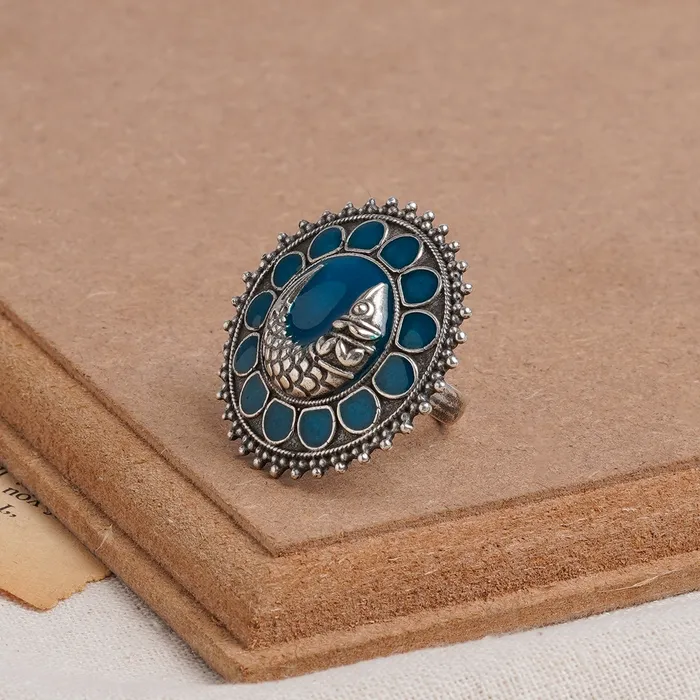 Rings Teejh Zira Silver Oxidised Blue Enamel Ring Teejh