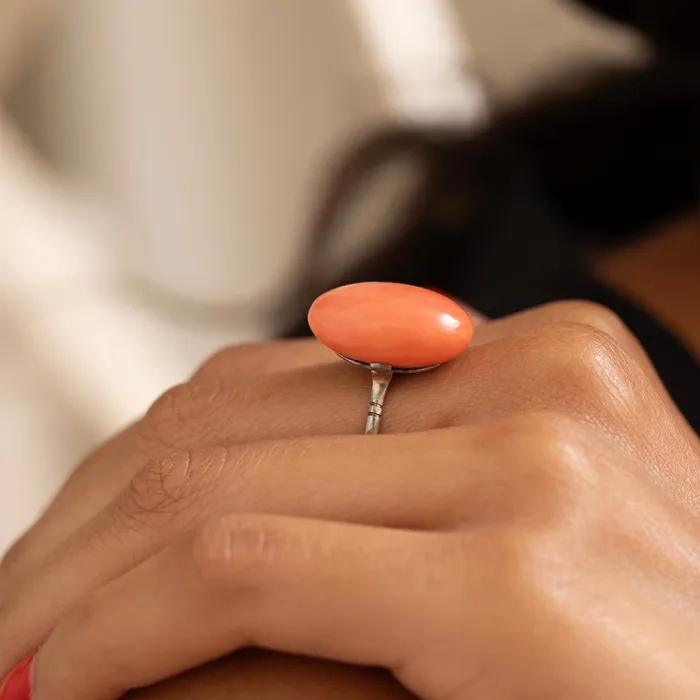 Rings Victorian Pink Coral and Silver Ring Antique