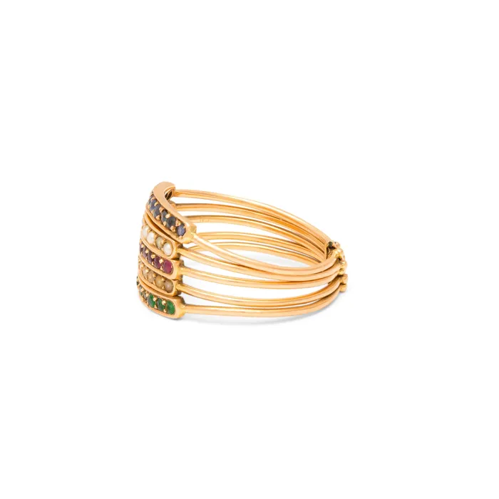 Sapphire Pearl Ruby Emerald and 14K Gold Harem Ring Antique Rings