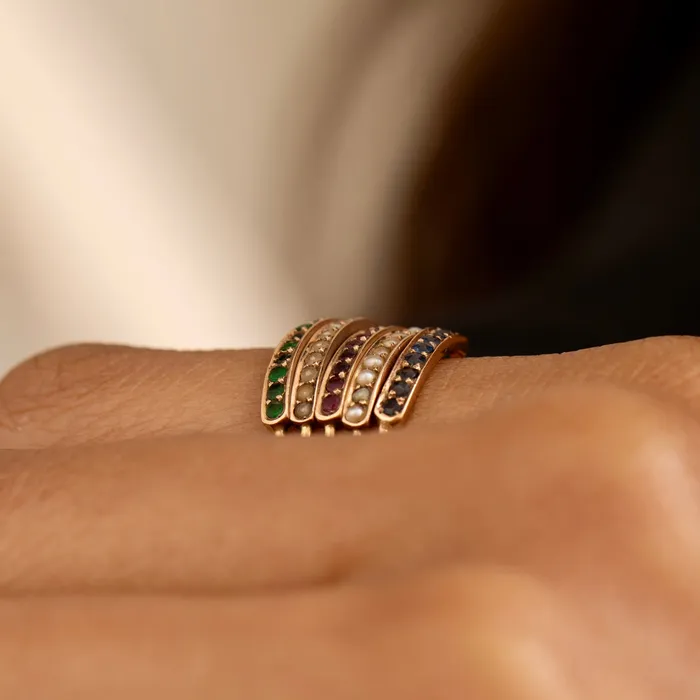 Sapphire Pearl Ruby Emerald and 14K Gold Harem Ring Antique Rings