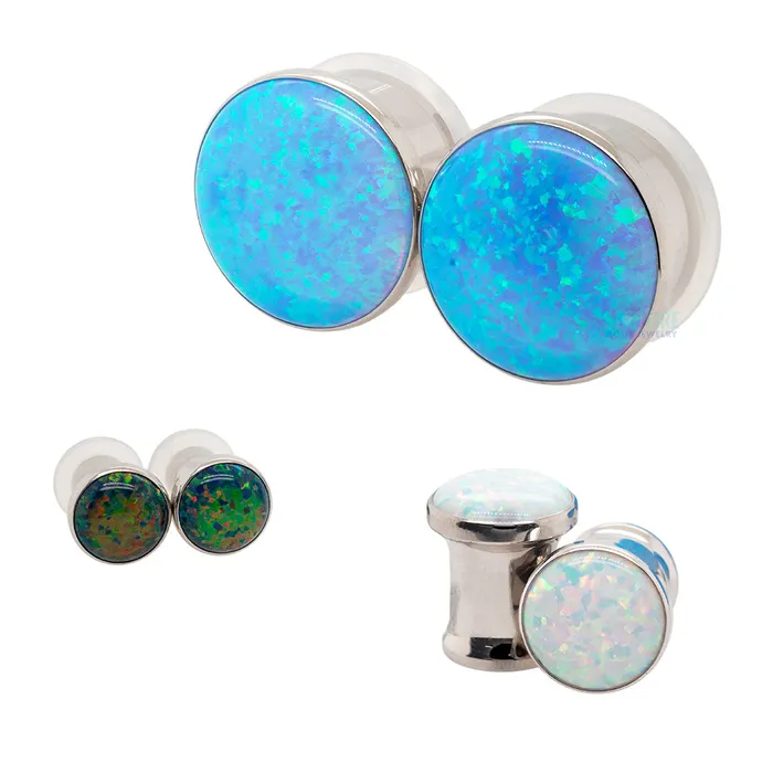 Single Gem Plugs Eyelets with Opal Cabochon Dark Pink Opal Anatometal Rings