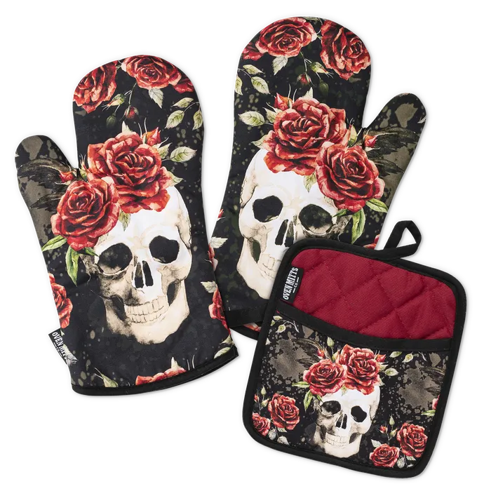 Skull Vintage Flower Oven Mitts And Potholder Set Oven Mitts Co Rings