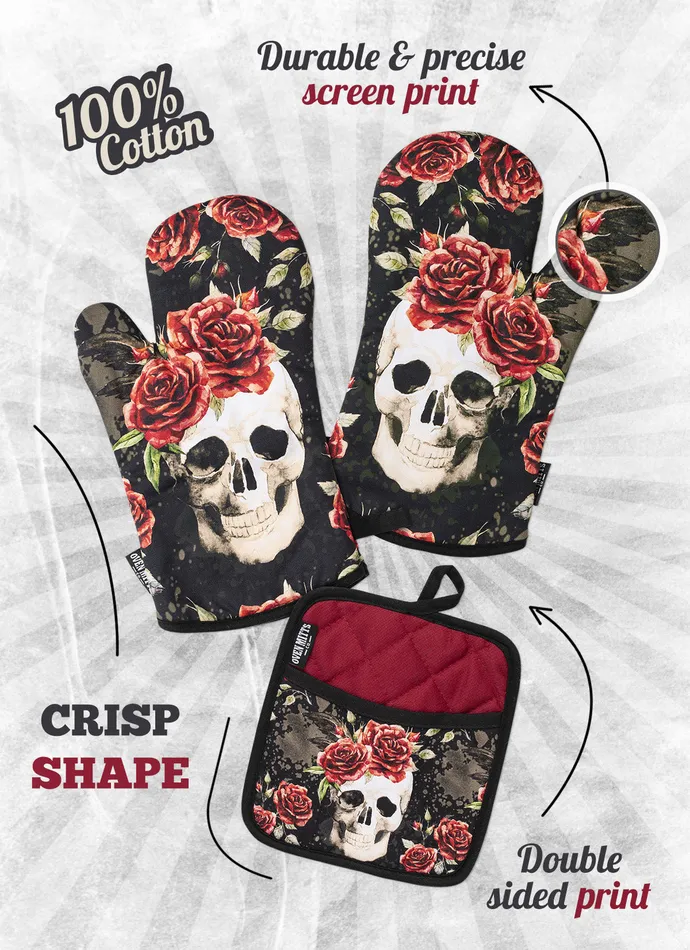 Skull Vintage Flower Oven Mitts And Potholder Set Oven Mitts Co Rings