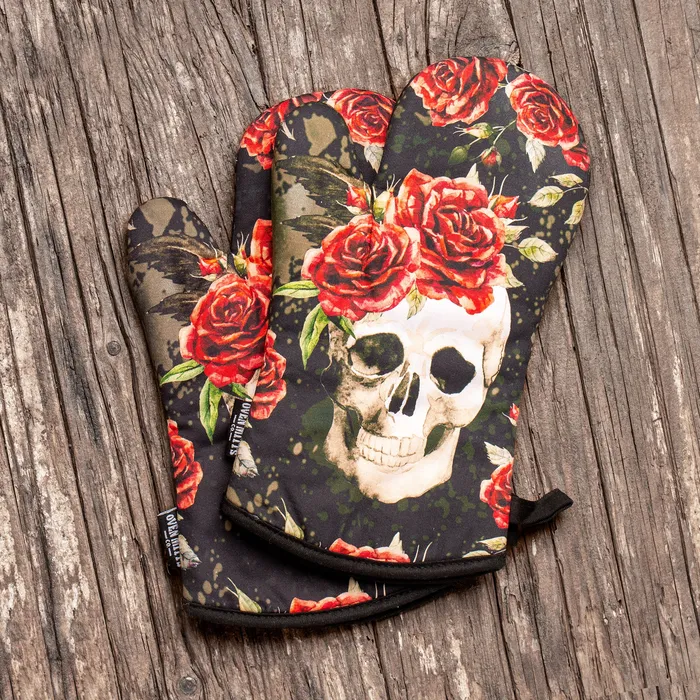 Skull Vintage Flower Oven Mitts And Potholder Set Oven Mitts Co Rings