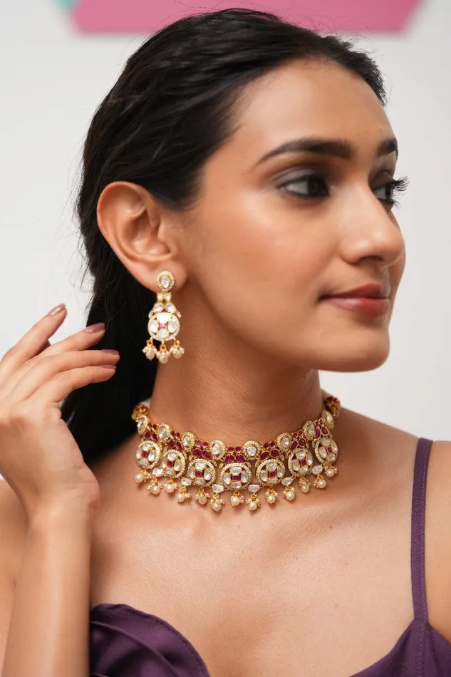 Swati Moissanite Mid Sized Gold Polki Choker Set Attrangi PreStyled Sets