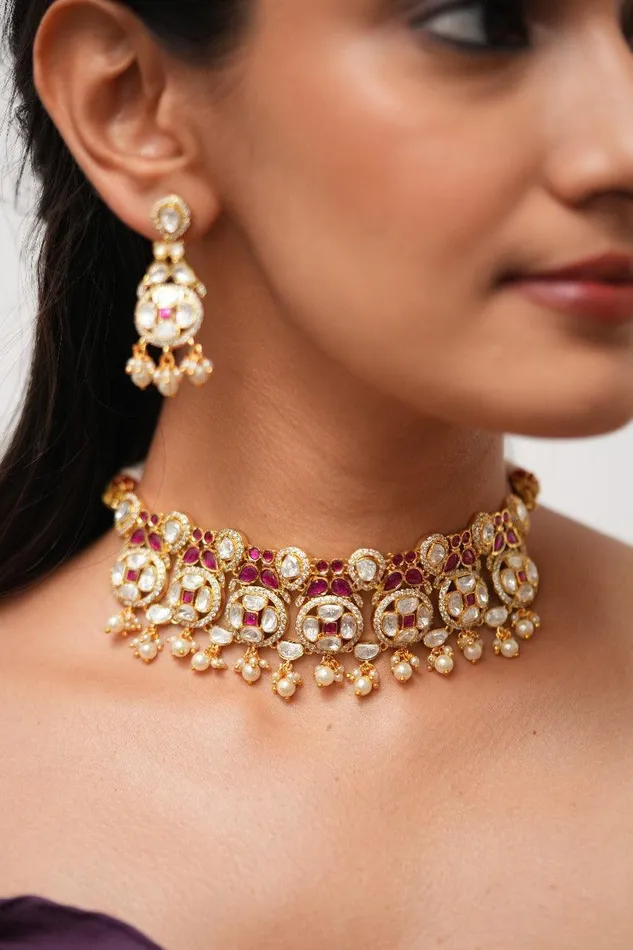 Swati Moissanite Mid Sized Gold Polki Choker Set Attrangi PreStyled Sets Swati Moissanite Mid Sized Gold Polki Choker Set Attrangi PreStyled Sets