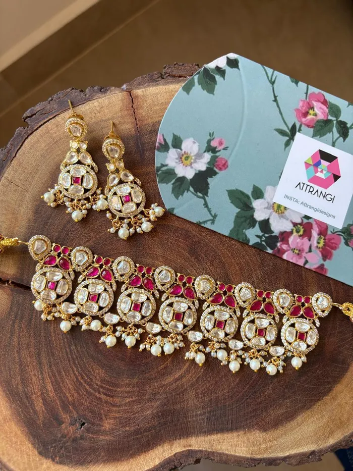 Swati Moissanite Mid Sized Gold Polki Choker Set Attrangi PreStyled Sets Swati Moissanite Mid Sized Gold Polki Choker Set Attrangi PreStyled Sets
