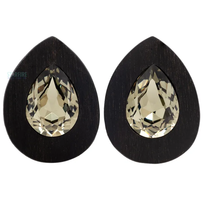 Teardrop Swarovski Plugs in Ebony Wood Black Diamond Esoteric Organics Earrings
