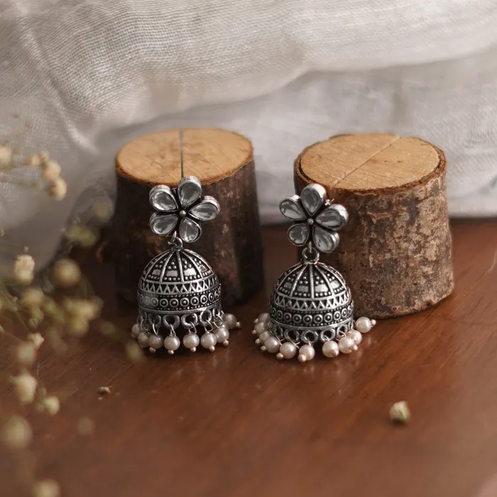 Teejh Earrings Teejh Luminous Polki Silver Oxidised Pearl Jhumki Earrings