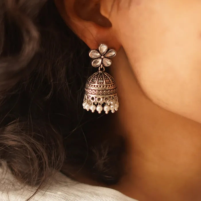 Teejh Earrings Teejh Luminous Polki Silver Oxidised Pearl Jhumki Earrings