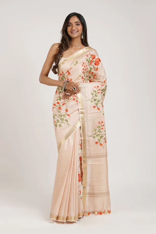 Teejh Gulrang Cream and Pink Silk Linen Saree with Blouse Piece Teejh Necklaces Teejh Gulrang Cream and Pink Silk Linen Saree with Blouse Piece Teejh Necklaces