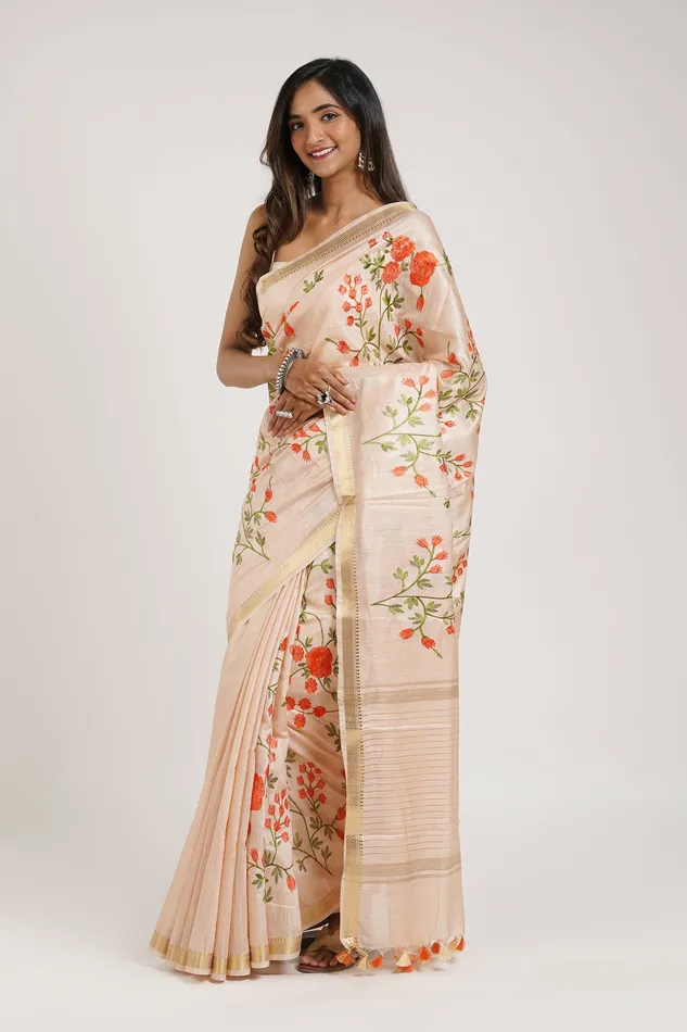 Teejh Gulrang Cream and Pink Silk Linen Saree with Blouse Piece Teejh Necklaces Teejh Gulrang Cream and Pink Silk Linen Saree with Blouse Piece Teejh Necklaces