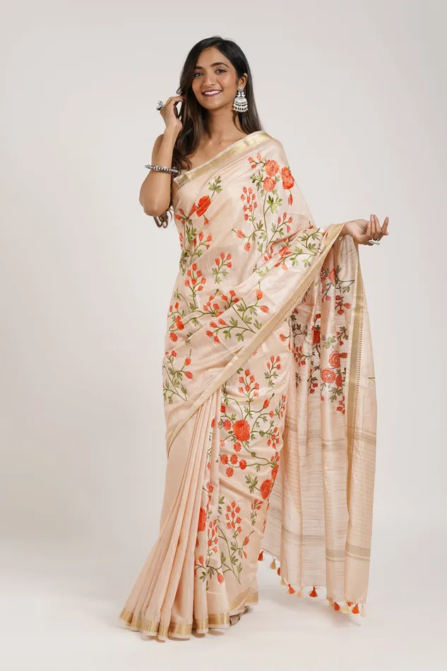 Teejh Gulrang Cream and Pink Silk Linen Saree with Blouse Piece Teejh Necklaces Teejh Gulrang Cream and Pink Silk Linen Saree with Blouse Piece Teejh Necklaces