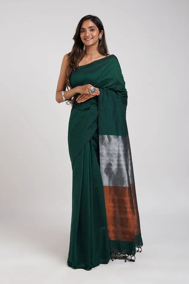 Teejh Necklaces Teejh Mystical Green Hand Woven Cotton Tissue Saree with Blouse Piece Teejh Necklaces Teejh Mystical Green Hand Woven Cotton Tissue Saree with Blouse Piece