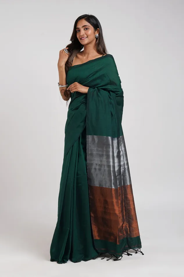 Teejh Necklaces Teejh Mystical Green Hand Woven Cotton Tissue Saree with Blouse Piece Teejh Necklaces Teejh Mystical Green Hand Woven Cotton Tissue Saree with Blouse Piece