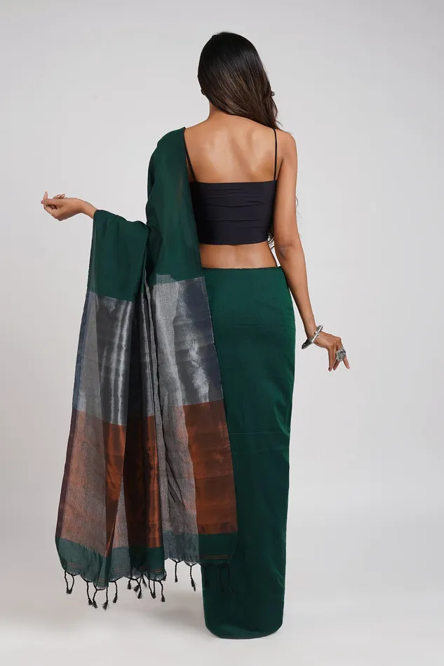Teejh Necklaces Teejh Mystical Green Hand Woven Cotton Tissue Saree with Blouse Piece Teejh Necklaces Teejh Mystical Green Hand Woven Cotton Tissue Saree with Blouse Piece