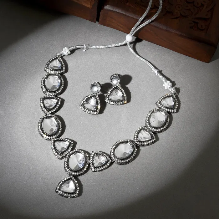 Teejh Necklaces Teejh Seerat Silver Oxidised Uncut Stone Necklace Set