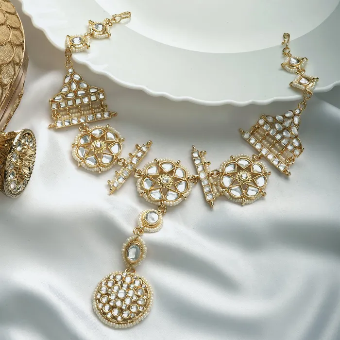 Teejh Necklaces Teejh Shobha Pearl and Polki Matha Patti Teejh Necklaces Teejh Shobha Pearl and Polki Matha Patti