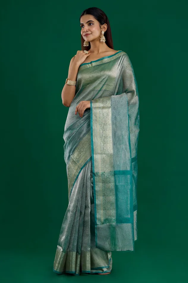 Teejh Necklaces Teejh Viruthi Turquoise Semi Crushed Tissue Silk Saree