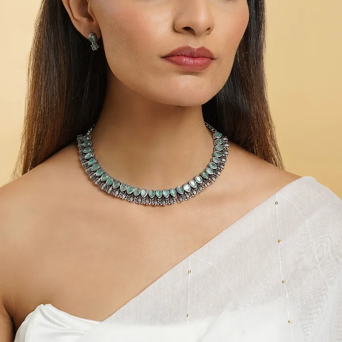 Teejh Necklaces Teejhhu Silver Sea Green Blossom Necklace Set