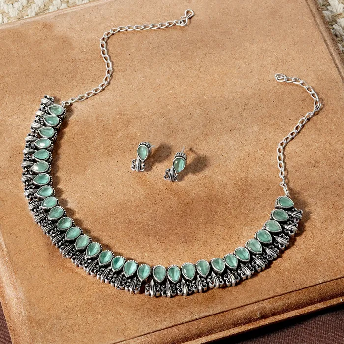Teejh Necklaces Teejhhu Silver Sea Green Blossom Necklace Set