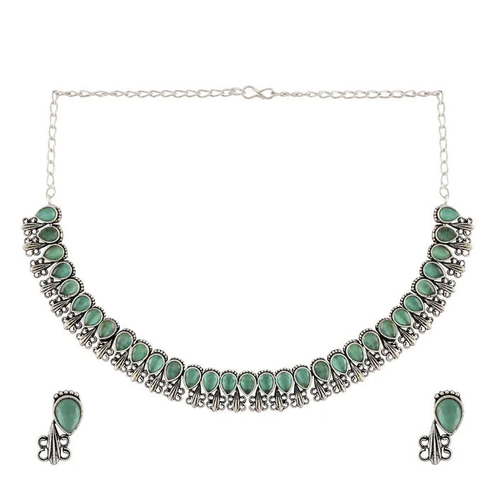 Teejh Necklaces Teejhhu Silver Sea Green Blossom Necklace Set