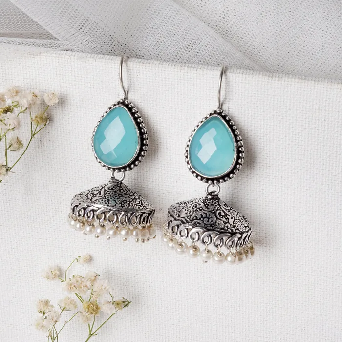 Teejh Sahasra Light Blue Stone Silver Oxidised Earrings Teejh Earrings