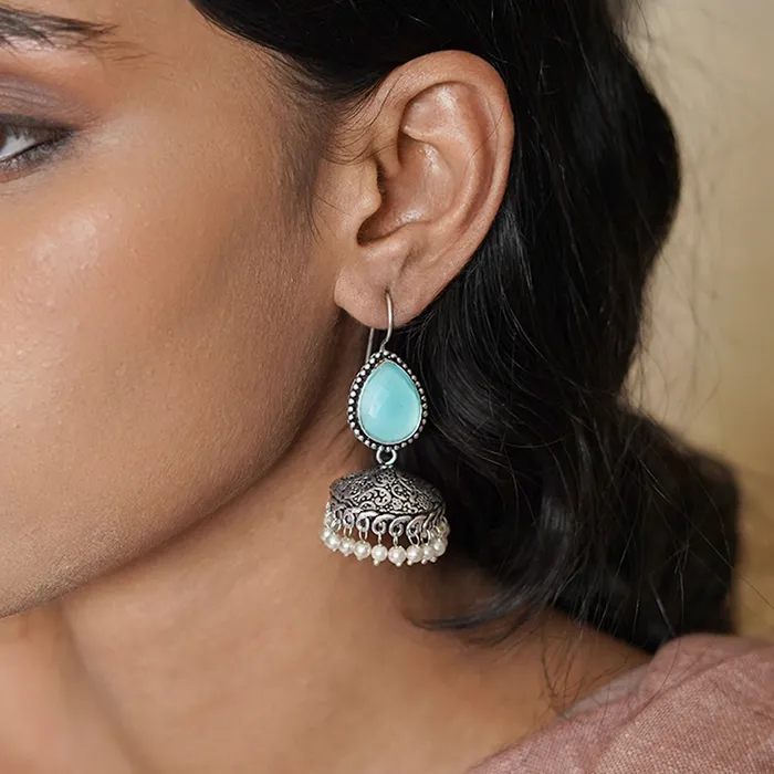 Teejh Sahasra Light Blue Stone Silver Oxidised Earrings Teejh Earrings Teejh Sahasra Light Blue Stone Silver Oxidised Earrings Teejh Earrings