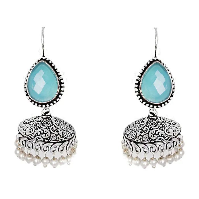 Teejh Sahasra Light Blue Stone Silver Oxidised Earrings Teejh Earrings Teejh Sahasra Light Blue Stone Silver Oxidised Earrings Teejh Earrings
