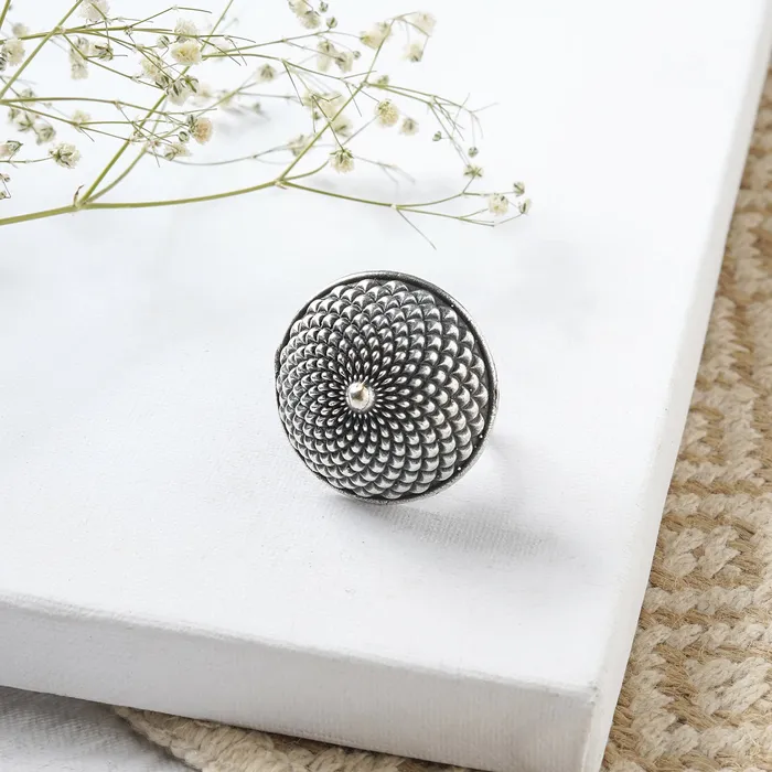 Teejh Teejh Pranwesha Floral Dome Silver Oxidised Ring Rings