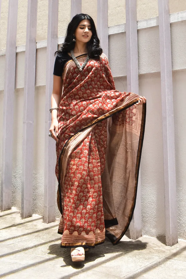 Teejh Teejh Rustic Maroon Block Print Chanderi Cotton Saree With Blouse Piece Necklaces Teejh Teejh Rustic Maroon Block Print Chanderi Cotton Saree With Blouse Piece Necklaces