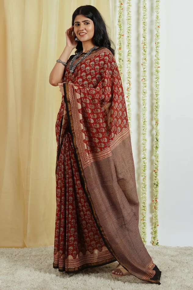 Teejh Teejh Rustic Maroon Block Print Chanderi Cotton Saree With Blouse Piece Necklaces