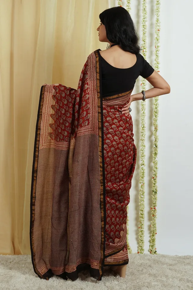 Teejh Teejh Rustic Maroon Block Print Chanderi Cotton Saree With Blouse Piece Necklaces