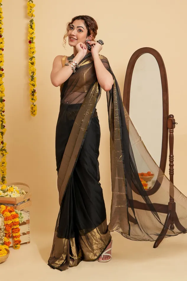 Teejh Teejh Sanah Black Chiffon Ready to Drape Saree Earrings
