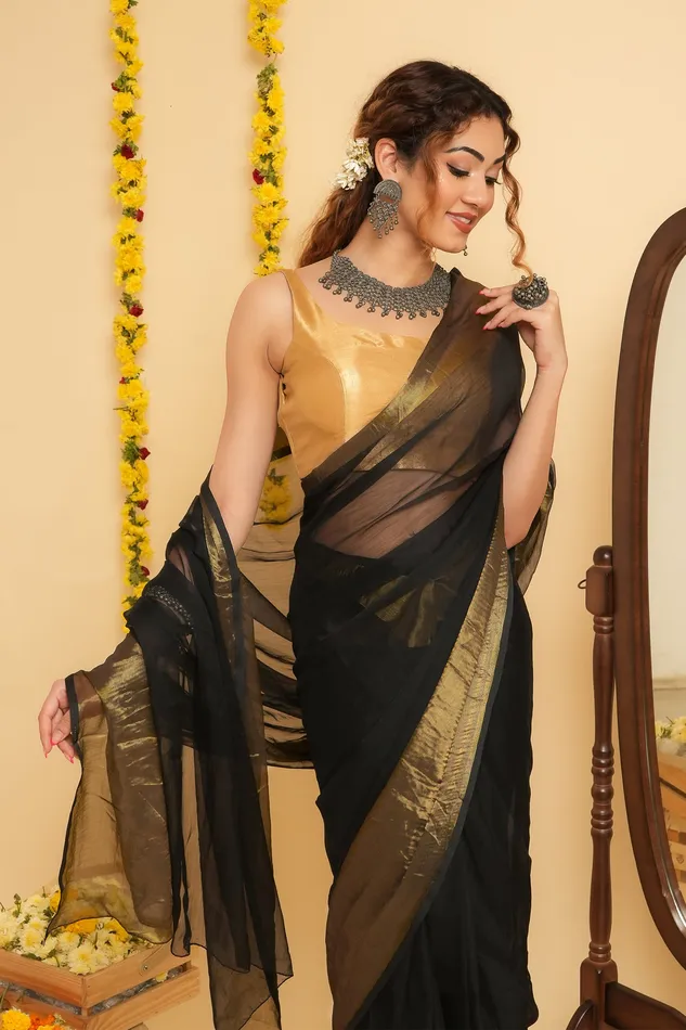 Teejh Teejh Sanah Black Chiffon Ready to Drape Saree Earrings