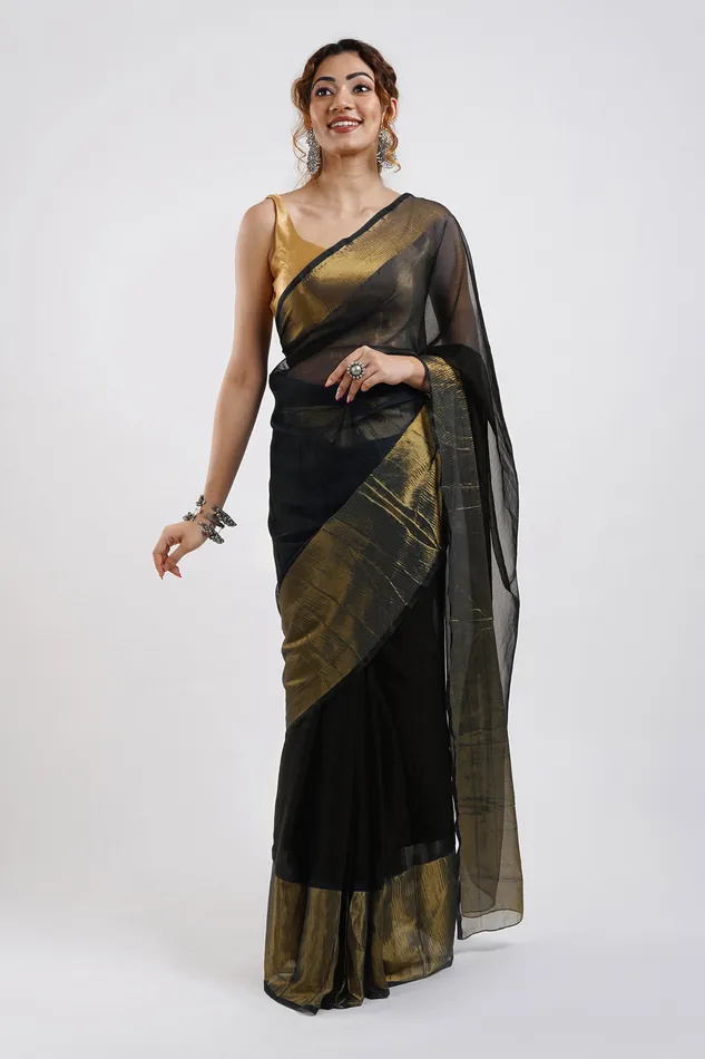 Teejh Teejh Sanah Black Chiffon Ready to Drape Saree Earrings