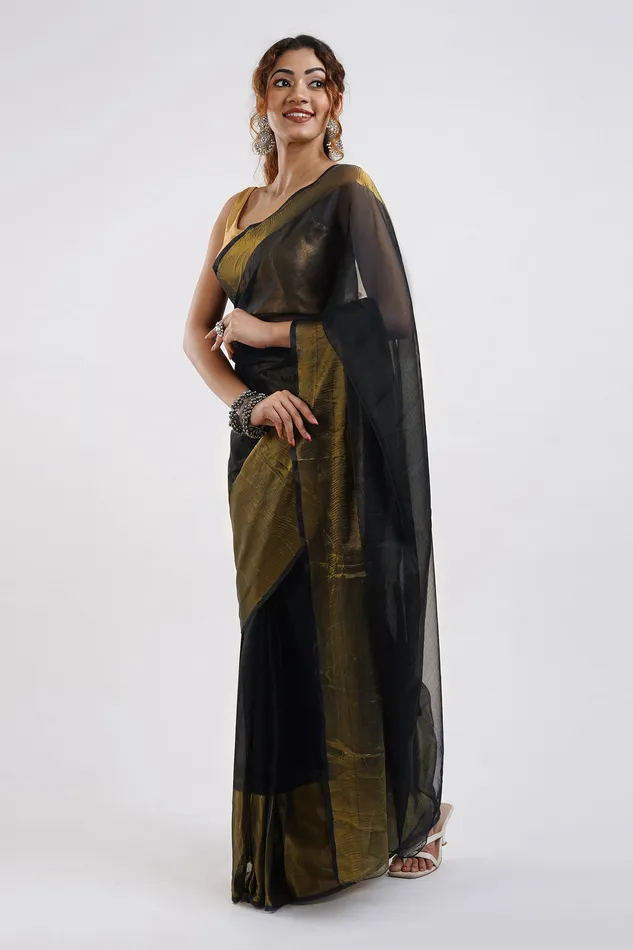 Teejh Teejh Sanah Black Chiffon Ready to Drape Saree Earrings