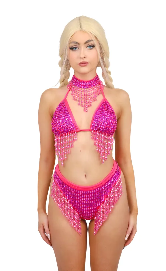 THE LUMI SHOP Earrings FULL OUTFIT Hand Stitched Sequin Magenta 3 pcs