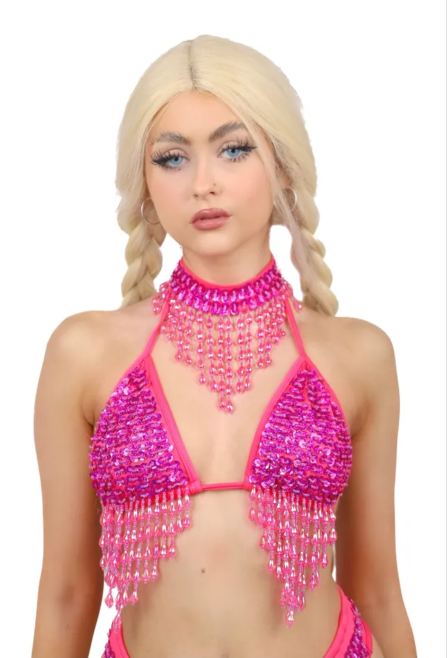 THE LUMI SHOP Earrings FULL OUTFIT Hand Stitched Sequin Magenta 3 pcs