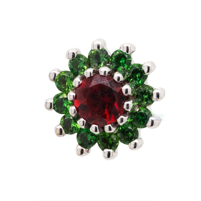 The Rose Threaded End in Gold Holiday Collection with Garnet center Green Tourmaline petals Body Vision BVLA Earrings